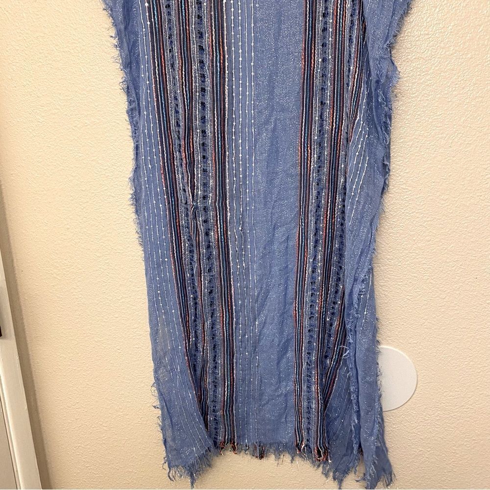Light periwinkle blue Striped metallic semi sheer coastal scarf 36x72
